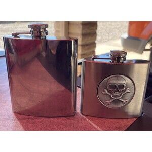 Lot Of 2 Stainless Steel Liquor Flasks, 5OZ Pirate Skull And Crossbones 8OZ